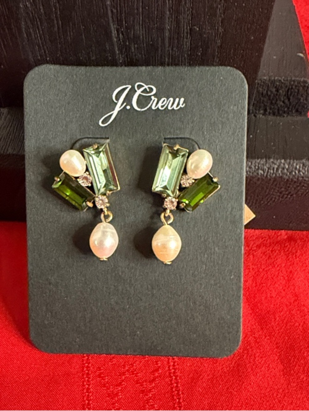 J. Crew Earrings - Green Baguette Crystal and Pearl Drop Earrings (NWT)